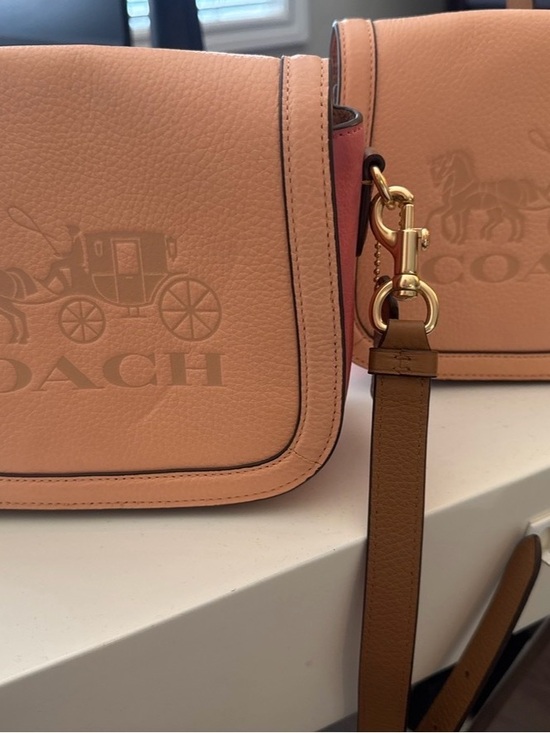 Coach Handbags - Coach Pebbled Leather Crossbody in Tan with Pink Trim